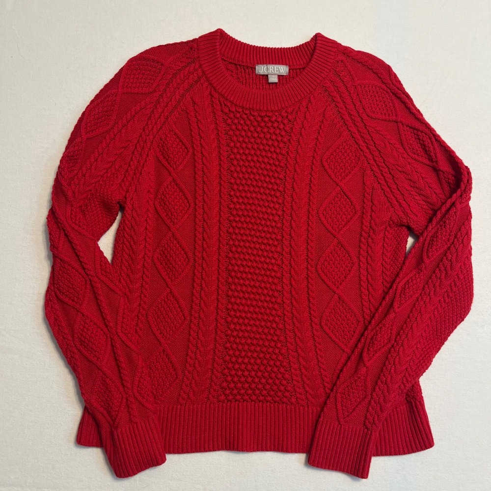 J.Crew Ruby Red Cable Knit Cotton Sweater S Crew Neck Classic Holiday Academia